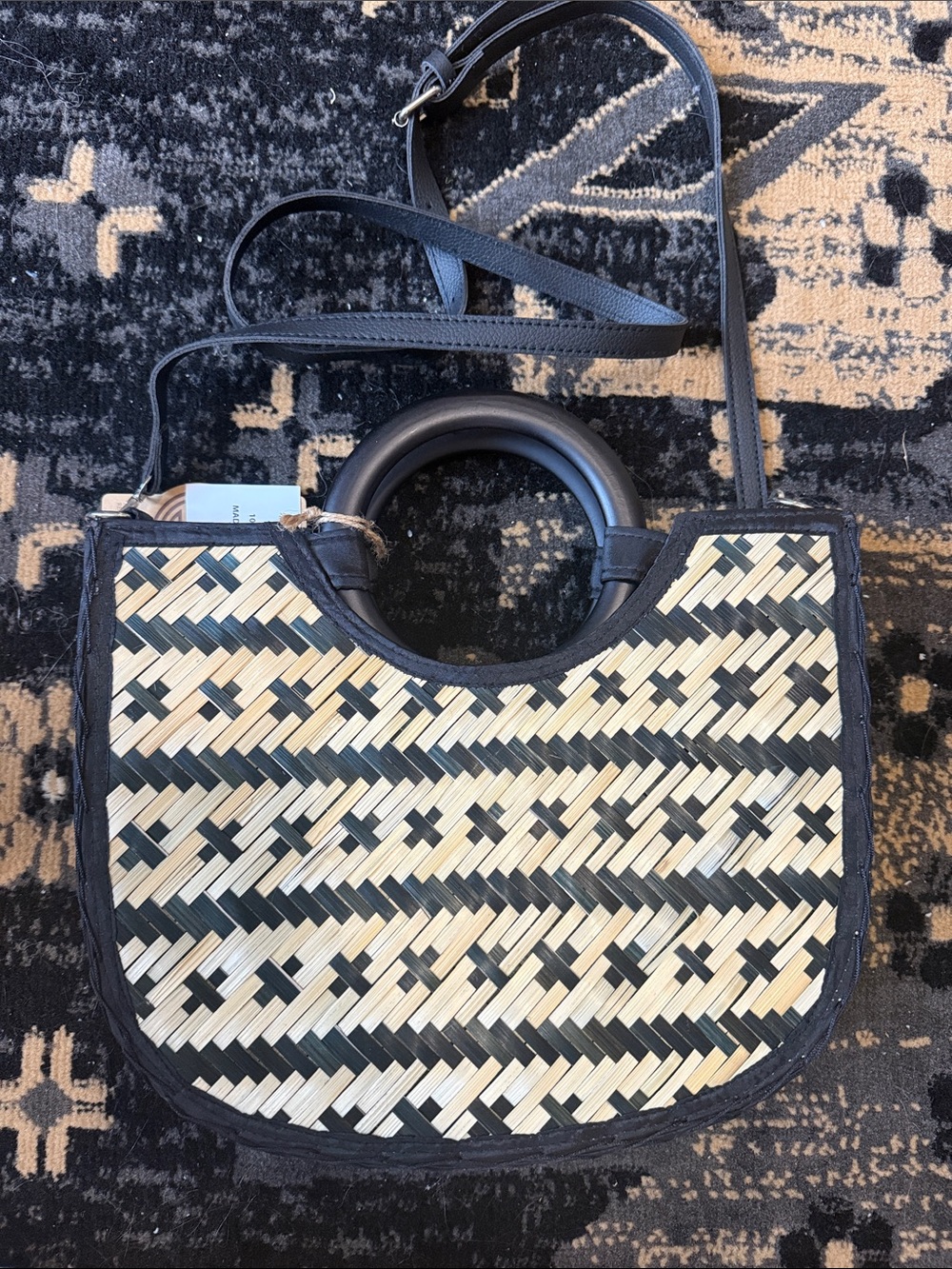 Woven Straw Crossbody Bag with Black Trim
